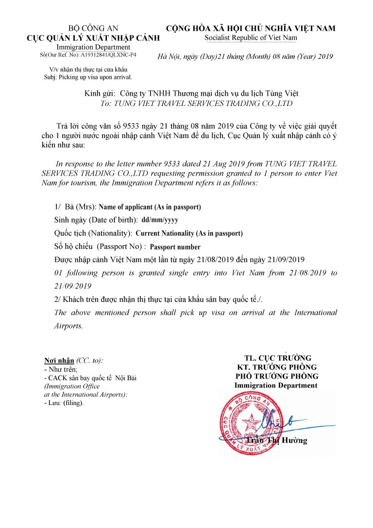 Sample of Vietnam Visa Approval letter